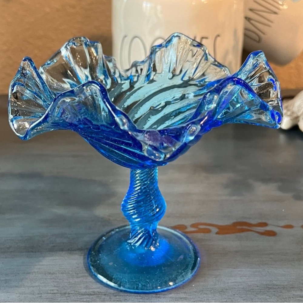 Vintage Blue Swirl Art Glass Pedestal Compote | Ruffled Edge | Hand Blown